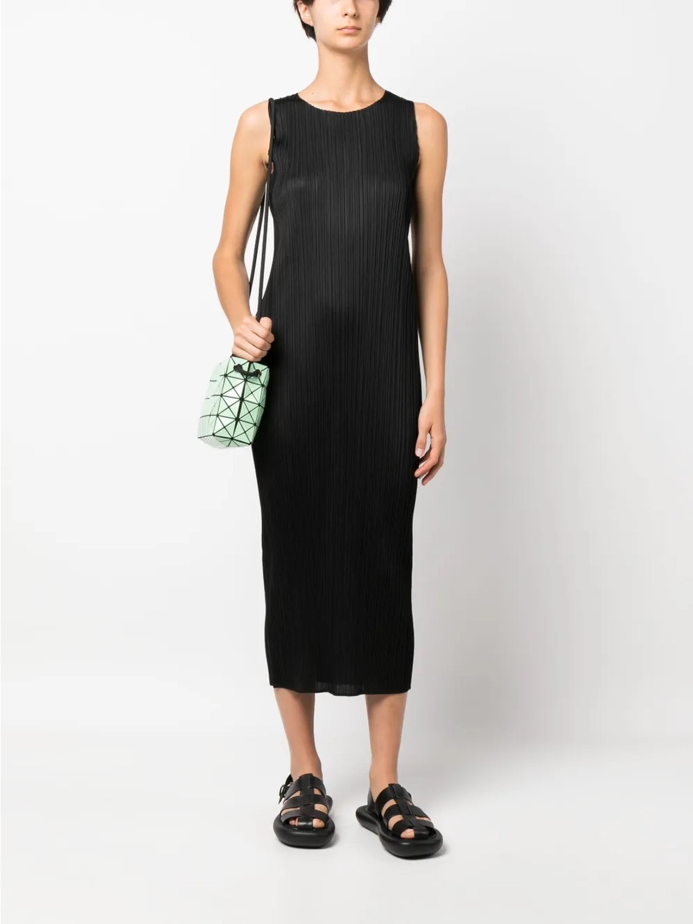 Issey Miyake Black Pleated Sleeveless Midi Dress